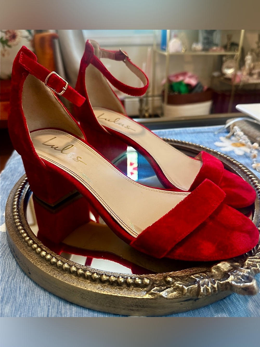 Lulu's Red Block Heel Sandals with Ankle Strap